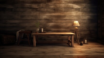 Vacant corner of a rustic or old wooden table in the backdrop living room. made using generative AI tools