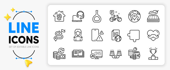 Sconce light, Woman and Budget accounting line icons set for app include Report statistics, Winner podium, Lightweight mattress outline thin icon. Education, Bike, Pin pictogram icon. Vector