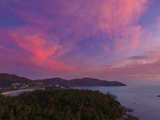 Naklejka premium High angle view of Kata beach, Phuket island, Thailand, white sandy beach in summer in the south of Thailand. This famous beach is perfect for relaxing and sunbathing.