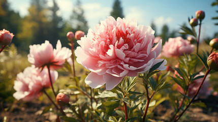Close-up of pink peony flower blooming in the garden