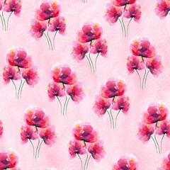 Delicate seamless pattern with bright pink watercolor poppies flowers with leaves. Tender watercolour flower bouquets background for textile design, wrapping paper, wallpaper