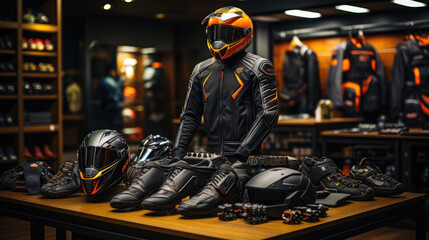 Fototapeta na wymiar Interior of motorcycle clothes and accessories store