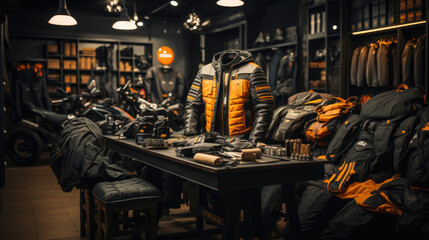 Interior of motorcycle clothes and accessories store
