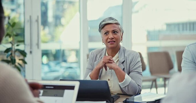 Meeting, senior woman and leader in business, project management or conversation with staff, employees or team. Leadership, ceo and businesswoman listening to plan, market research or stats report