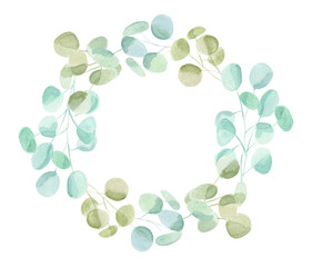 Delicate watercolor wreath of tropical eucalyptus branches with light green, emerald, olive color leaves. Trendy plant illustration for greeting cards and invitation decor, banners, backgrounds