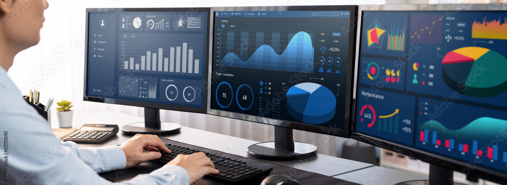 Poster analyst working on data analysis or bi dashboard on computer monitor. businessman analyzing financia