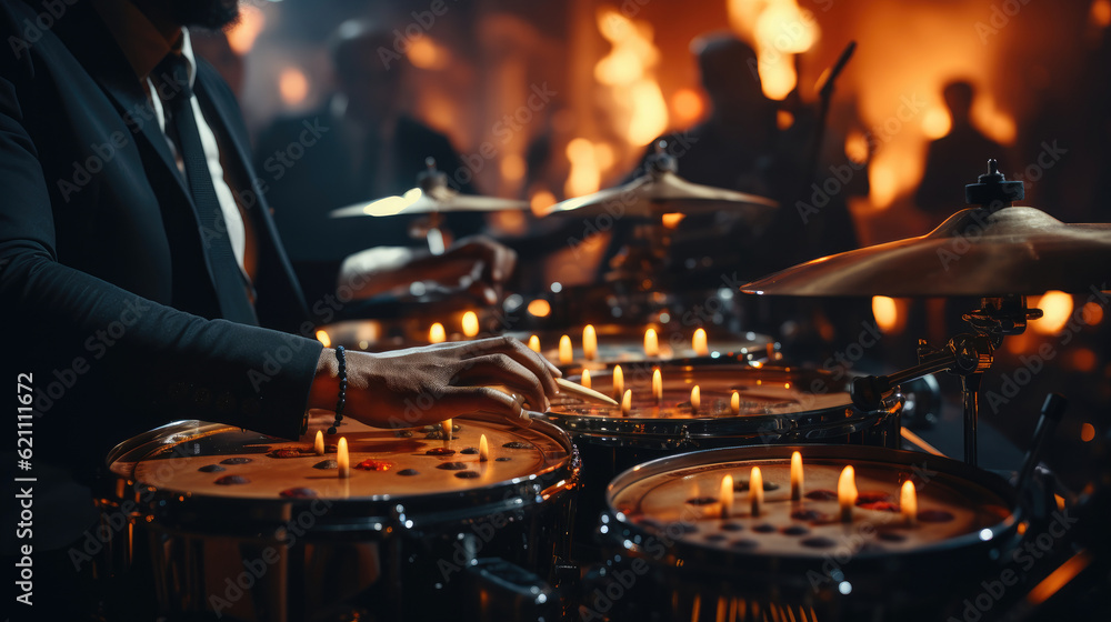 Poster Close-up of a modern drum set on stage for concert