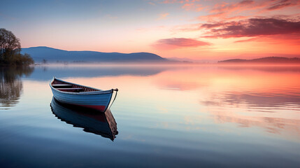 Peaceful dawn over a calm lake with a solitary rowing boat in the distance