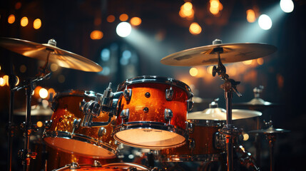 Close-up of a modern drum set on stage for concert
