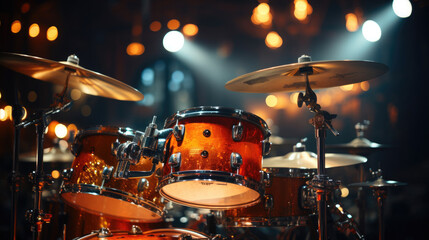 Close-up of a modern drum set on stage for concert - Powered by Adobe