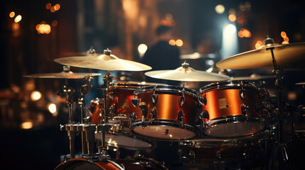 Close-up of a modern drum set on stage for concert