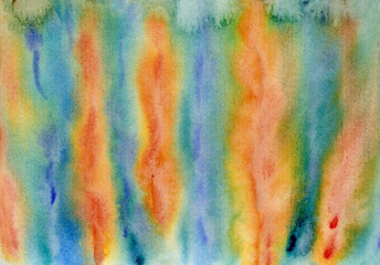 Bright blue, green and orange mix striped watercolor background. Vibrant watercolour gradient texture for surface design, background, nature concept