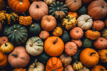 Naklejka premium Different types and colors of pumpkin background. Generative AI