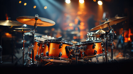 Plakat Close-up of a modern drum set on stage for concert