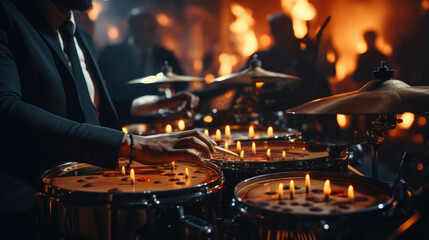 Obraz premium Close-up of a modern drum set on stage for concert