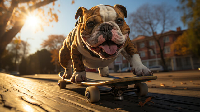 A bulldog riding skateboard on the street