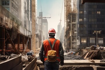 journey of a worker towards towering construction site, generative AI