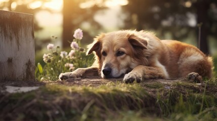 Sad and loyal dog laying on his owner grave. Friendship, loneliness and loyalty concept. Generative AI