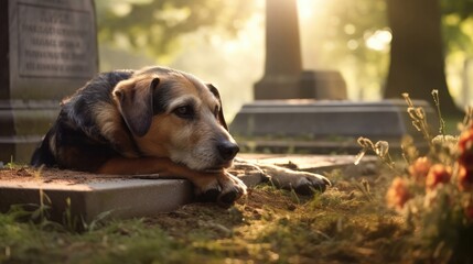 Sad and loyal dog laying on his owner grave. Friendship, loneliness and loyalty concept. Generative AI