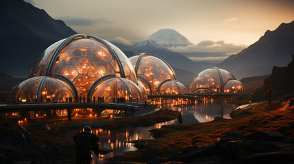 Martian Colony, terraforming, Moon Dome City, cluster of geodesic domes on Mars surface. 3D renderings of glass huts. Metal and glass futuristic dome houses. Ai generated Geodesic bubbles, scifi art