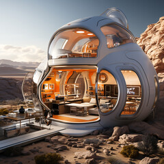 Project of Futuristic building in the Mars alien desert, pioneering conceptual art of house, martian architecture, innovative glass geodesic dome, structure on exoplanet. AI 3d rendering, digital art
