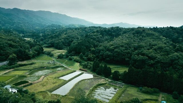 日本の田舎の風景の空撮