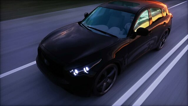 Luxury black car on highway. Very fast driving.