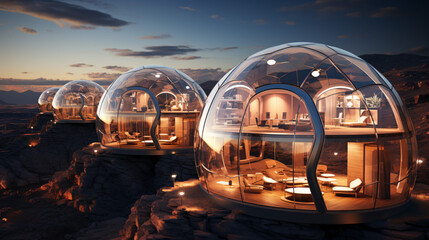 Futuristic home in the martian planet, concept art, 3d render digital illustration, space station on the moon, glass domes, futuristic restourant, mars vacation, scifi fantasy Ai art, space tourism