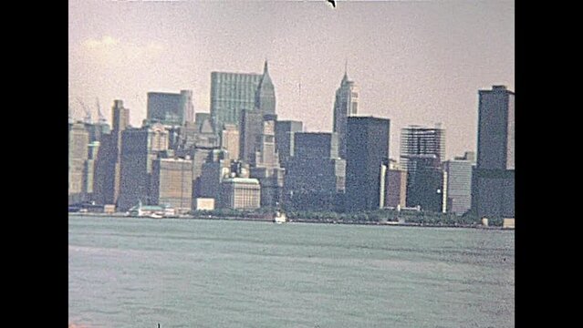 New York, United States of America - circa 1970: Manhattan skyline on seventy. view from the Circle Line Sightseeing Cruises on Hudson river.