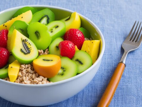 Bowl with fruits kiwi apple banana and cereal. Generative AI
