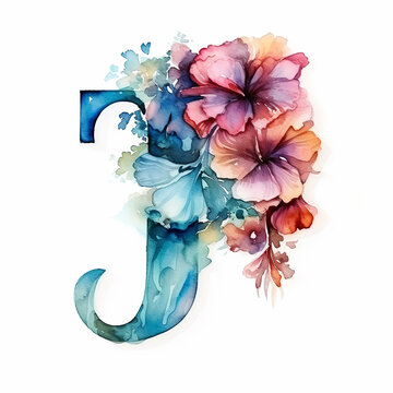 3d render generic logo watercolor floral alcohol ink with letter J. Watercolor floral alphabet
