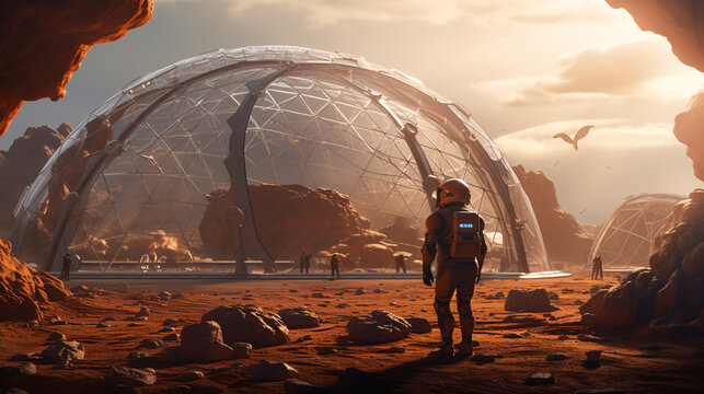 Astronaut in space suit, futuristic large geodesic domes, alien planet greenhouse. Panorama with rocks, glass dome, terraforming planets surface. Horizontal 3d rendering scifi art. mars colonization