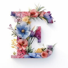 Capital letter E of 3d render generic logo watercolor floral alcohol ink. Watercolor floral alphabet