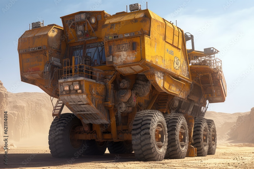 Poster the mines enormous haul truck is prepped and ready for usage. on a background of white. look at the 