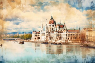 Fototapeta premium Conceptual Ai Generated Image (not actual) - Budapest, Hungary, panorama with the Chain Bridge and the Parliament, style U1 1