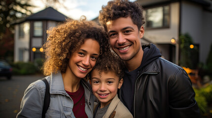 Interacial Family Smile Outside Their Home
