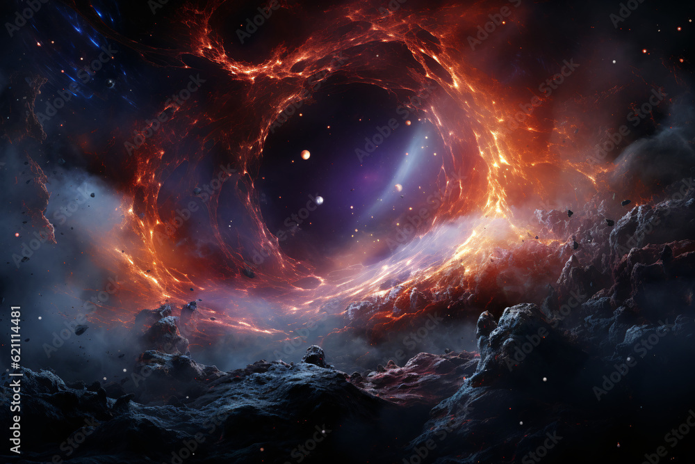 Wall mural 3d render of science fiction black hole in cosmic space, concept of multiple universe and hyperspace