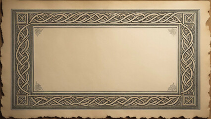 An aged vintage piece of paper with a Celtic themed boarder with copy space.
