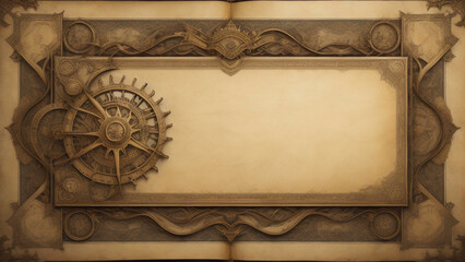 Vintage paper with a steam punk design and a well weathered look with copy space. AI generated