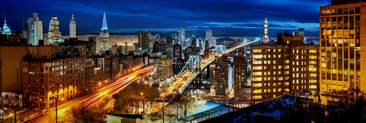 Fototapeta premium New York panoramic view from hotel window at night city street ,building windows blurred light 