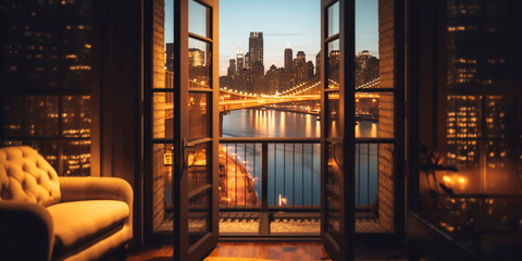 New York panoramic  view from hotel window at night city street ,building  windows blurred light 