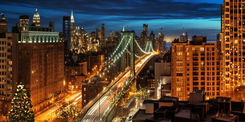 Fototapeta premium New York panoramic view from hotel window at night city street ,building windows blurred light 