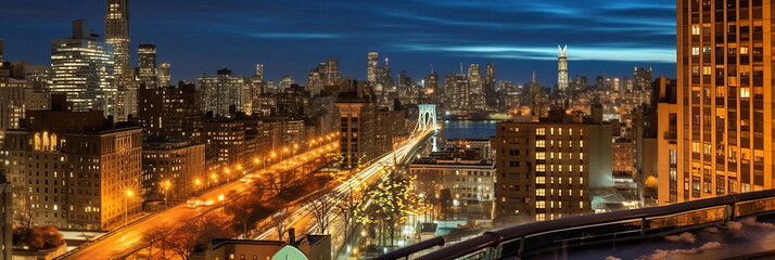 Obraz premium New York panoramic view from hotel window at night city street ,building windows blurred light 
