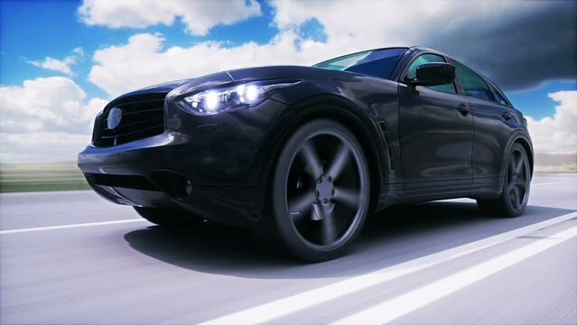 Luxury black car on highway. Very fast driving.