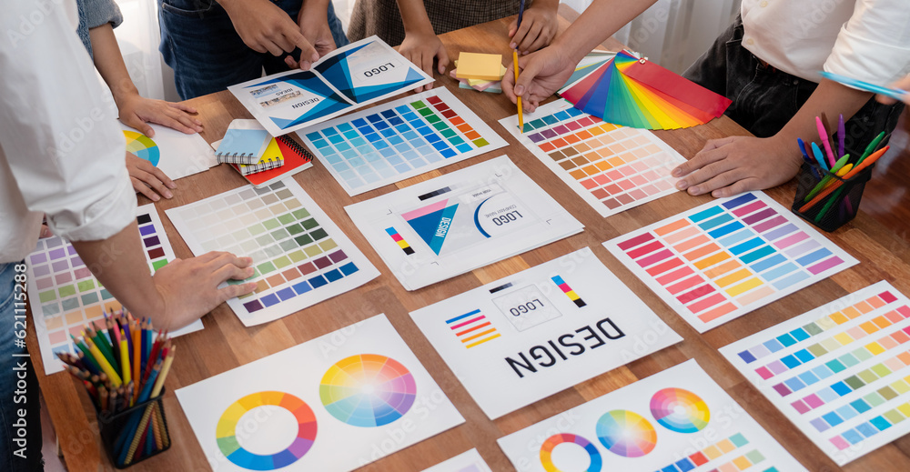 Aufkleber graphic designer brainstorm logo and graphic art at busy creative studio workshop. experiment and br