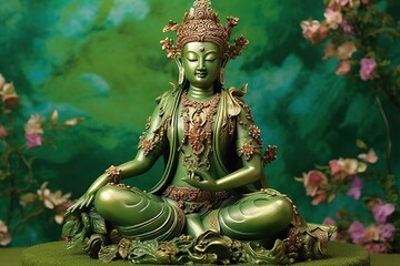 beautiful green tara buddha statue, illustration, generative ai - obrazy, fototapety, plakaty