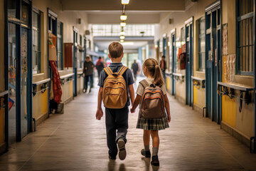 Illustration of two children walking down a school hallway with backpacks created with Generative...