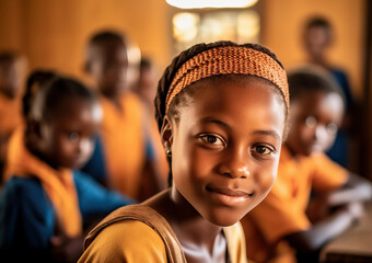 Illustration of young African children engaged in learning activities in a colorful classroom setting created with Generative AI technology
