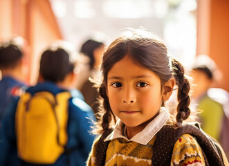 Illustration of a young bolivian girl in a school uniform looking at the camera for a back to school campaign created with Generative AI technology