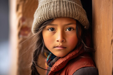 Illustration of a young bolivian girl wearing a hat and scarf, ready to go back to school created with Generative AI technology